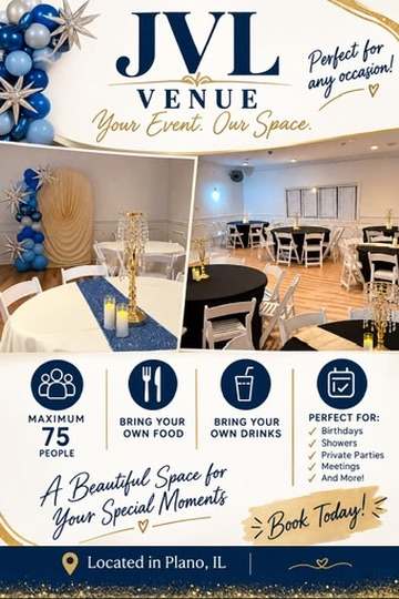 JVL Venue informational event flyer highlighting 75-guest capacity and BYO food & drinks