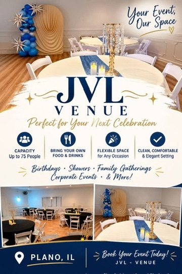 JVL Venue celebration event flyer showcasing salon setup and booking info in Plano, IL